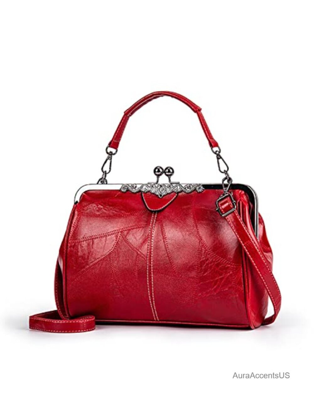 Vintage Faux Leather Kiss Lock Crossbody Satchel Purse Handbag Shoulder Bag